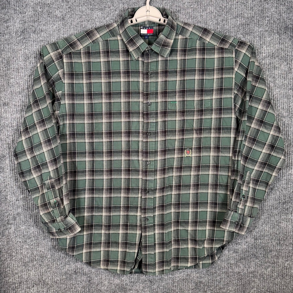 Vintage 90s Tommy Hilfiger Plaid Flannel Shirt Men's L Green Crest Logo Preppy